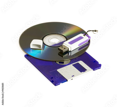 cd rom floppy and usb key isolated on white background