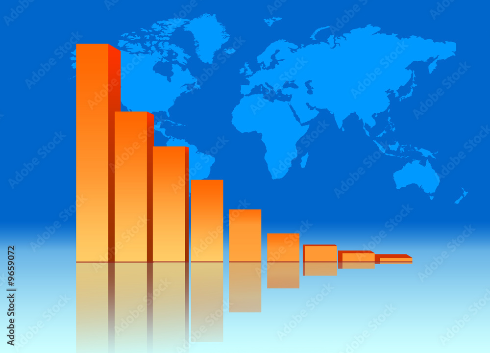 Fototapeta premium Decreasing Bar Chart - Business Data Graph With World Map