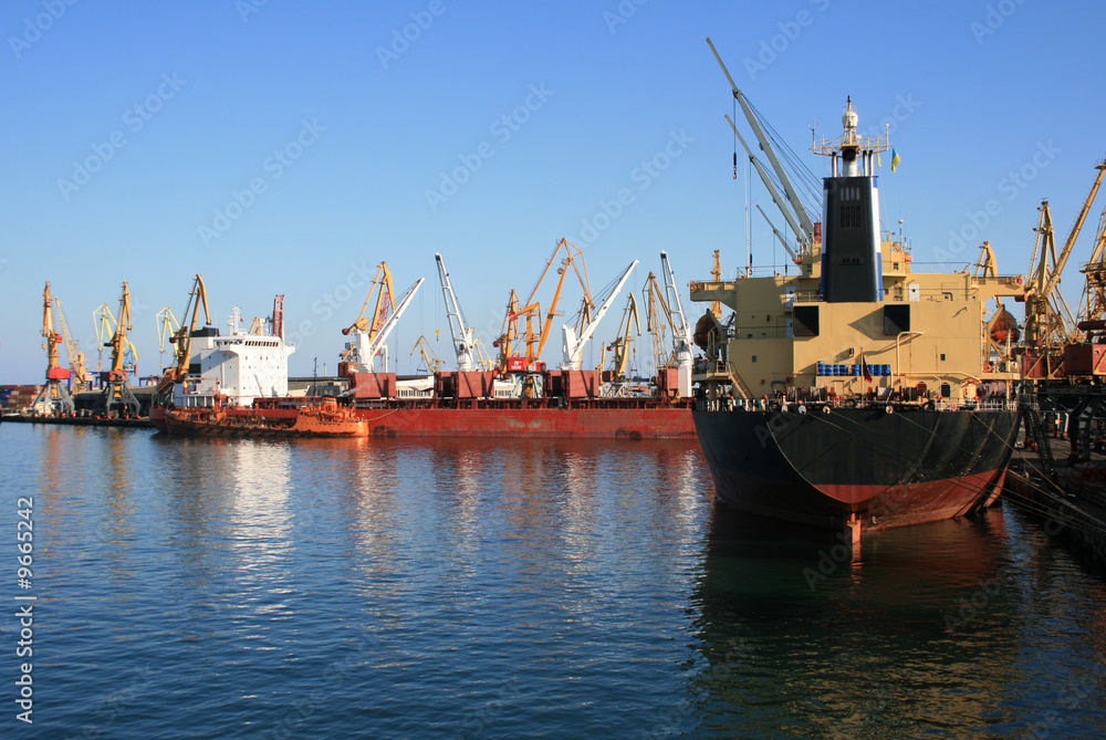 Dry-cargo ships under unloading at port moorings Dry-cargo ships under unloading at port moorings