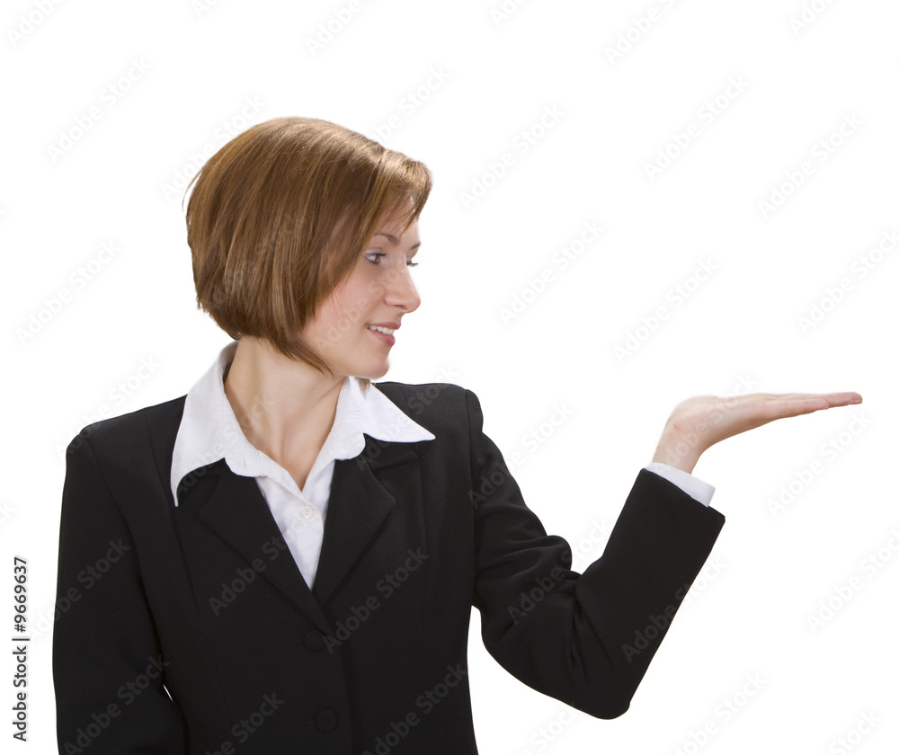 Young businesswoman holding out her hand Young businesswoman holding out her hand