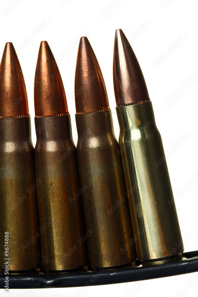 Clip of Semi-automatic Rifle Bullets, Against White Ground Clip of Semi-automatic Rifle Bullets, Against White Ground