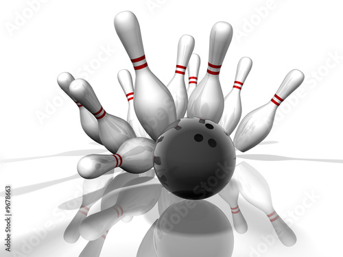 3D render of a bowling strike with shadows and reflection.