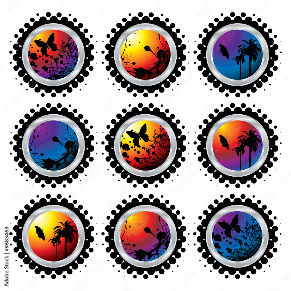 collection of nine brightly coloured buttons with halftone dots collection of nine brightly coloured buttons with halftone dots