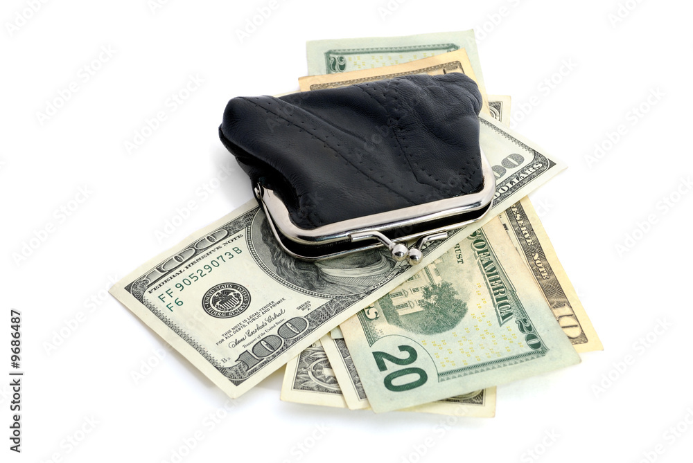 usa dollars and a leather purse isolated on white usa dollars and a leather purse isolated on white