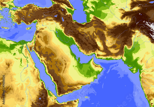 Near East from Egypt to Pakistan. Physical vector map.