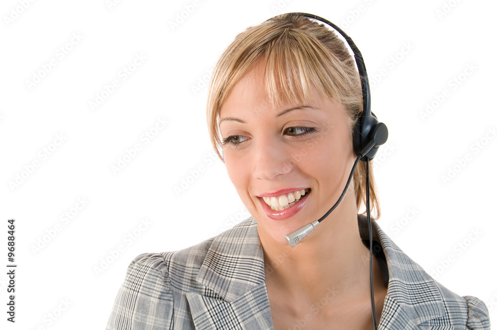 Closeup portrait of a happy pretty executive with headset. Closeup portrait of a happy pretty executive with headset.
