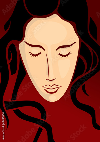Young woman head with long hair on dark red background