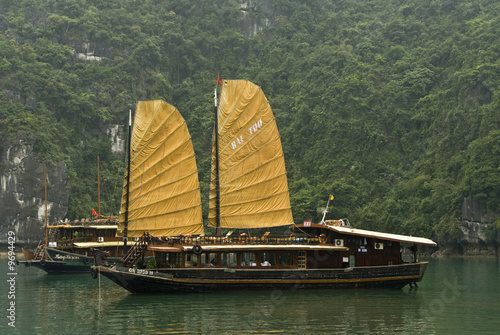 Junk with sails on Halong Bay  Vietnam