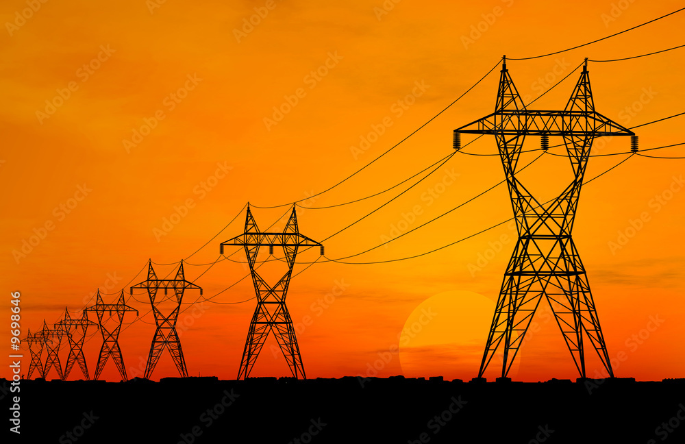 Fototapeta premium 3D Electric powerlines over sunrise