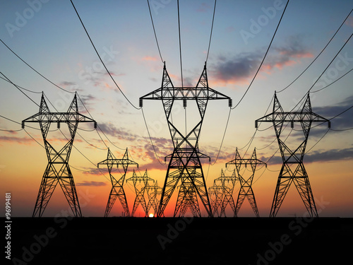 3D Electric powerlines over sunrise