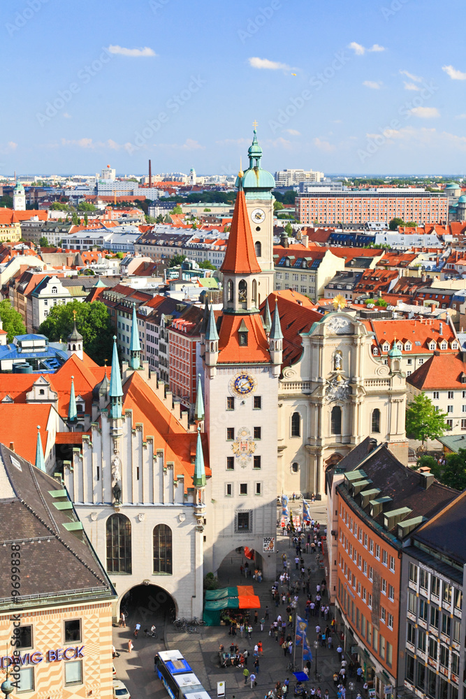 The aerial view of Munich city center from the City Hall