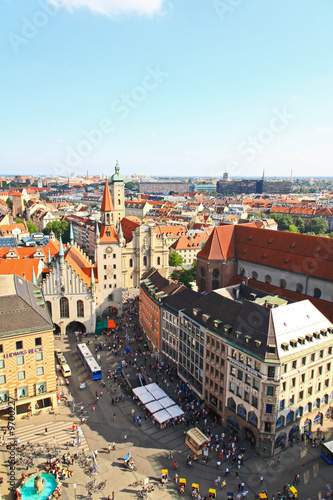 The aerial view of Munich city center from the City Hall