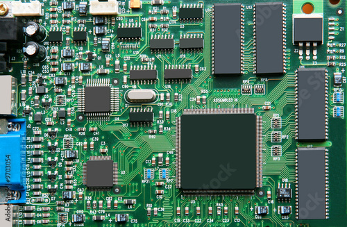 Closeup of computer motherboard with details..