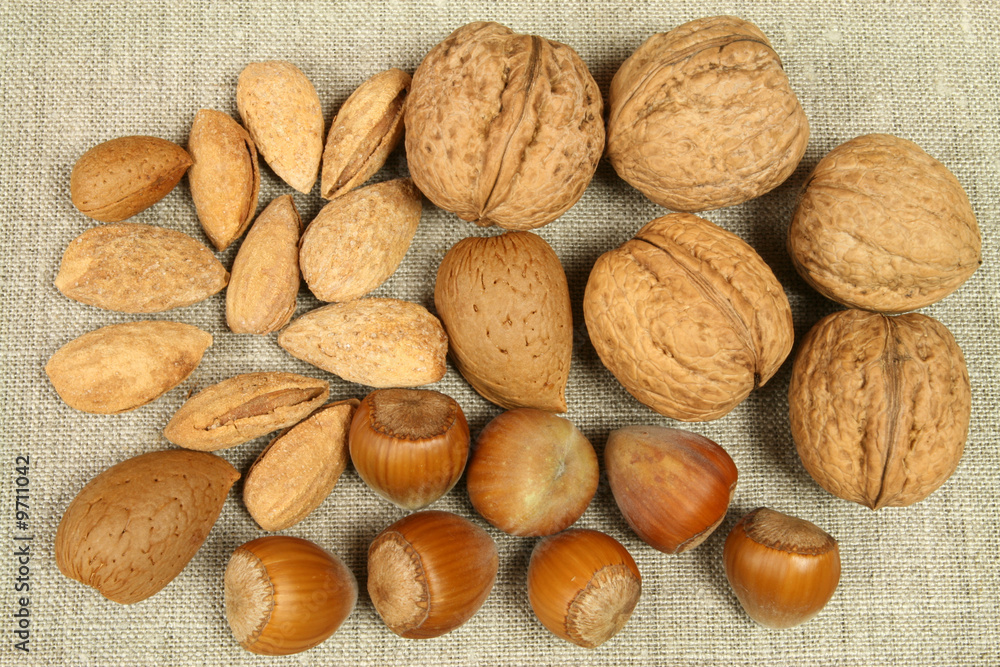 Walnuts, hazelnuts and almonds. Natural food.