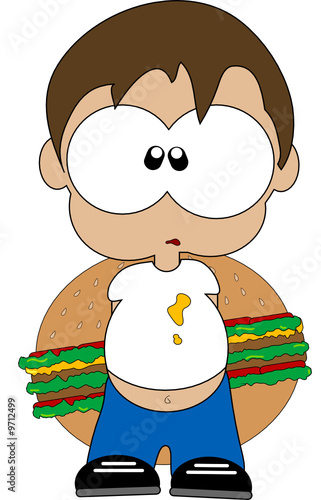 bambino obeso con pancia che nasconde panino