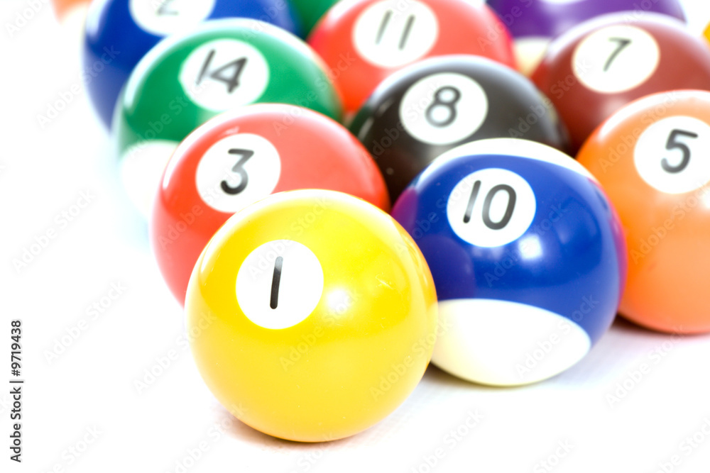 Billiard balls arranged on a white background. Not isolated