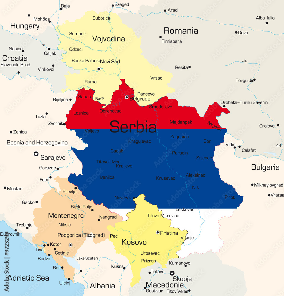 Map of Serbia country coloured by national flag