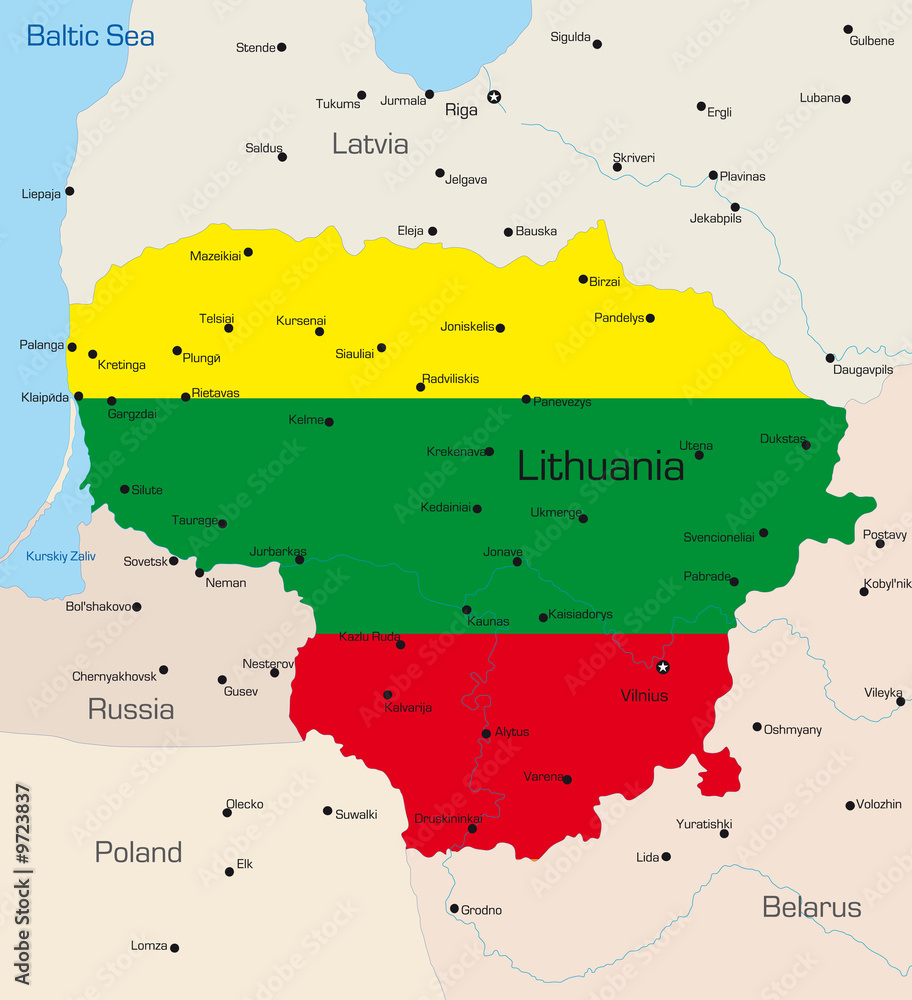 Obraz premium Map of Lithuania country coloured by national flag