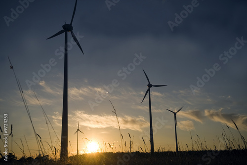 wind farm turbines generators rows at dusk