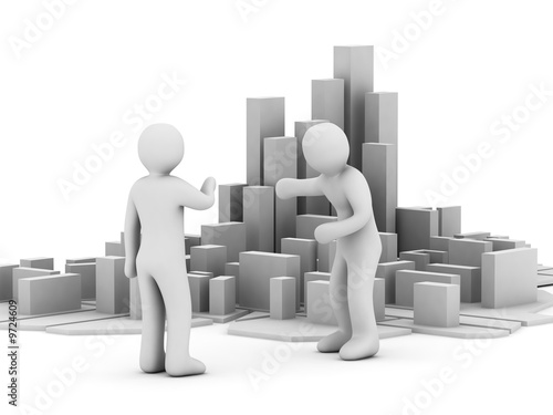 two persons on background of the abstract city
