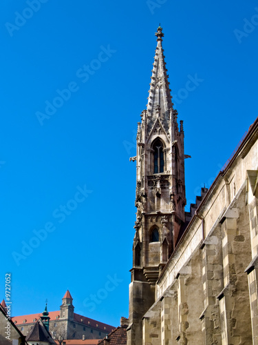 Church tower detail in Bratislava old town, Europe.