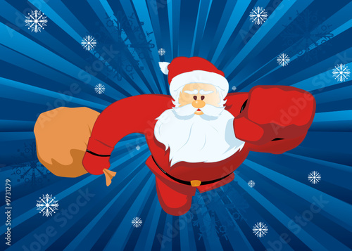 Santa Claus - Superman with a sack of gifts flying to save us