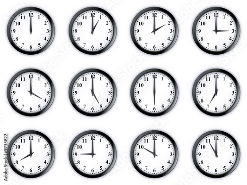 3d rendering of 12 clocks