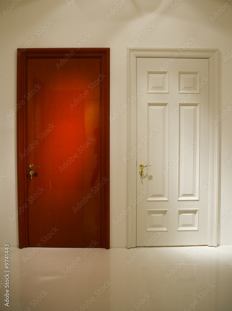 red and white door on white wall background red and white door on white wall background