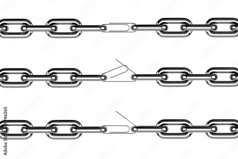 Chrome chains with a paperclip symbolizing the weakest link