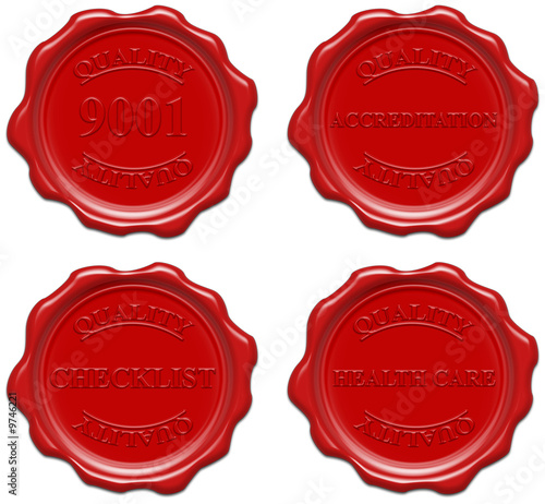 Red wax seal with text:9001,accreditation,checklist,health care