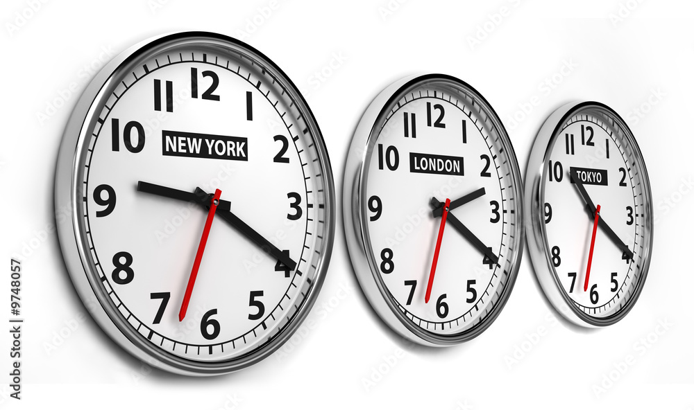 Wall clocks displaying the time of 3 cities around the world Wall clocks displaying the time of 3 cities around the world