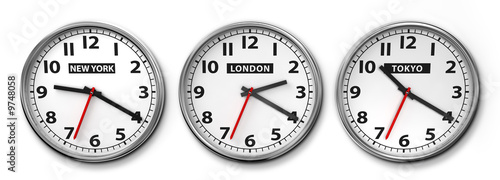 Wall clocks displaying the time of 3 cities around the world.