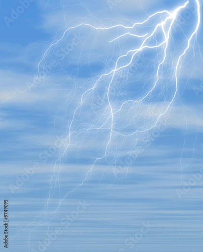 lightning against blue sky covered with fluffy clouds