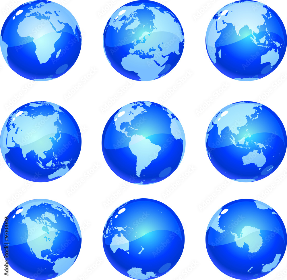 blue globes, glossy, metal, in nine views of planet earth