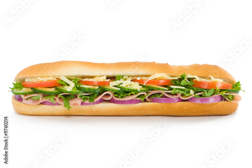 Fresh ham & cheese salad baguette on white background