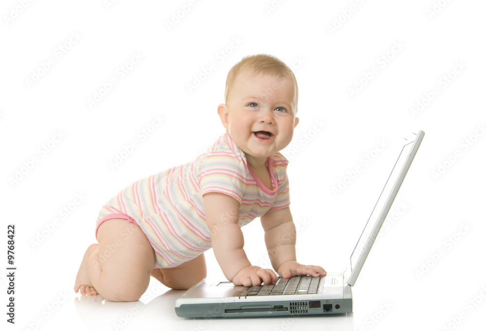 Small baby with laptop #16 isolated on white