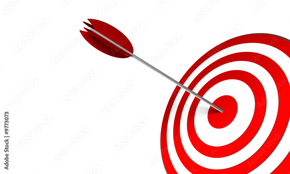 3D Render. Arrow on target. Concept: Success, skill, objectives 3D Render. Arrow on target. Concept: Success, skill, objectives