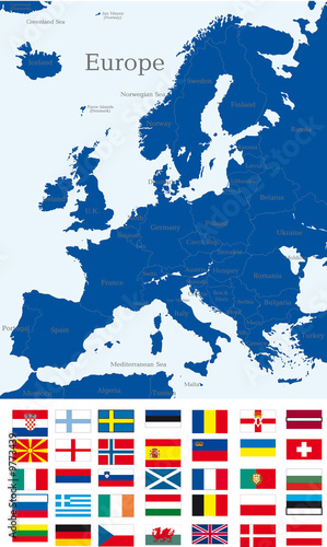 Abstract map of europe continent with countries flags