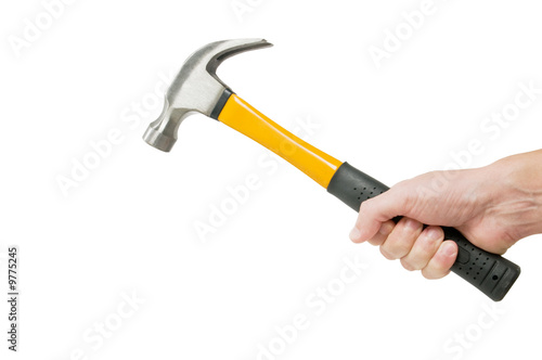 Hand holding hammer isolated on white