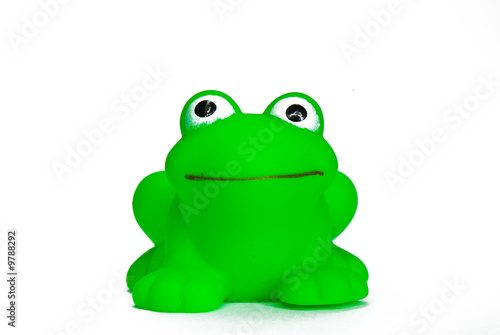 green rubber toy frog for bathing on a white background