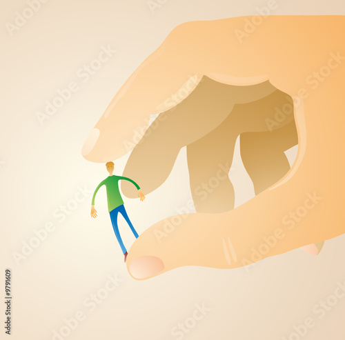 Little man between two fingers of a giant hand.