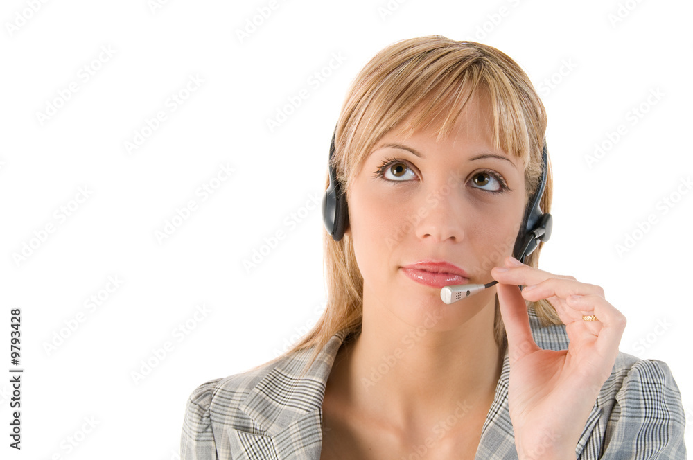 Closeup portrait of a happy pretty executive with headset. Closeup portrait of a happy pretty executive with headset.
