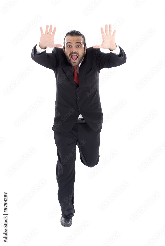 man running to escape isolated on white . man running to escape isolated on white .