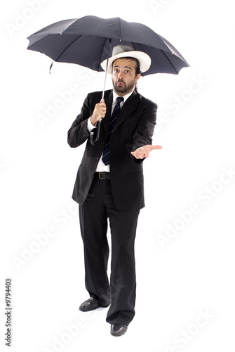 Main using an umbrella on white background .