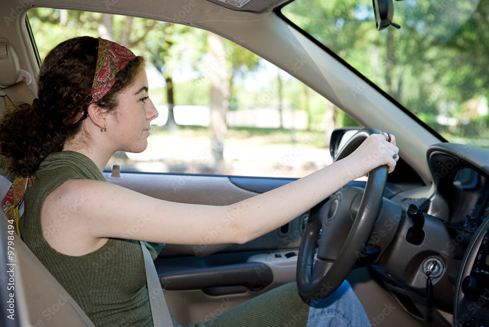 Pretty teen girl learning to drive a car.