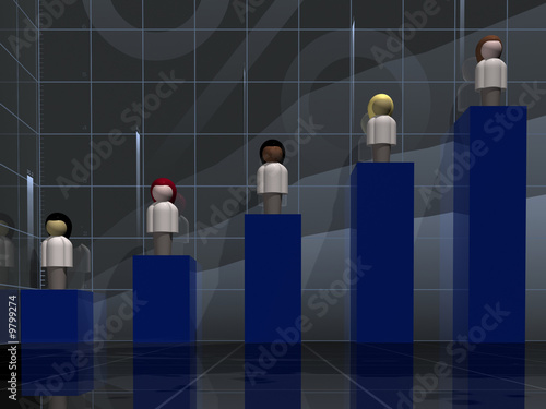 Front, perspective view of a 5 blue column demographic chart.