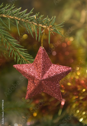 Red star Christmas decoration on the tree