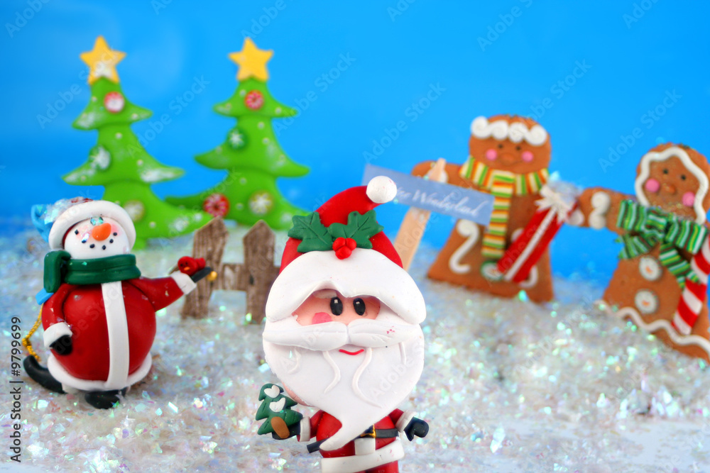 different decorative christmas characters in a field