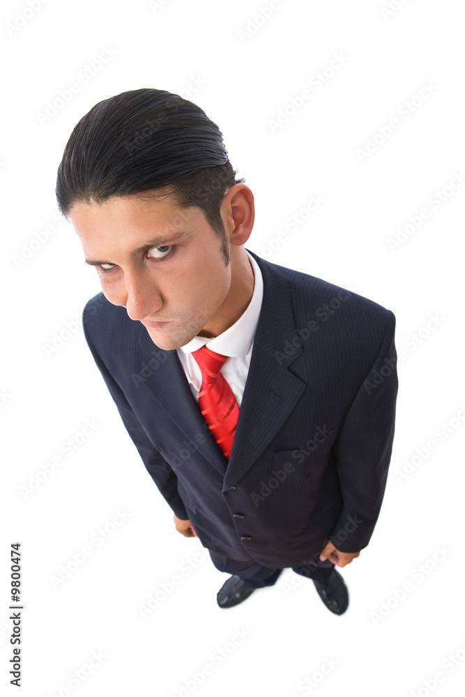 suspicious and funny businessman portrait from top on white suspicious and funny businessman portrait from top on white