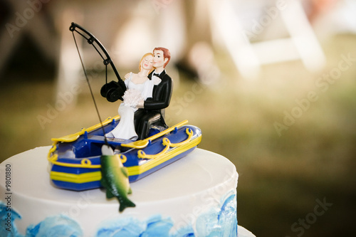 Fishing Wedding Cake Topper, Fishing Boat and Fish, Bride and
